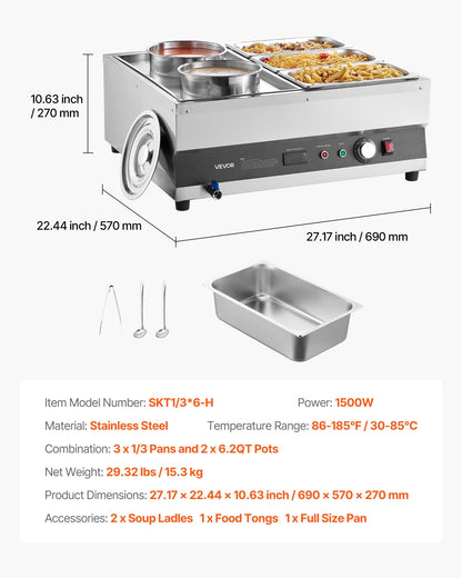 VEVOR Electric Soup Warmer, Two 6.34QT Pots & Three 1/3 Pans, Stainless Steel Commercial Food Warmer with 86~185°F Adjustable Temp, 1500W Bain Marie, Soup Station for Restaurant, Buffet - DSWPSYTGWFPZWT6B9001V1 - view 8