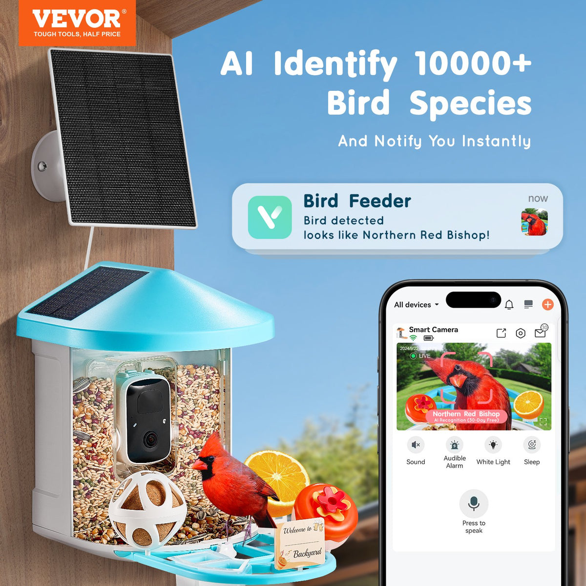 VEVOR Smart Bird Feeder with Camera, 2K HD AI Identify 10000+ Bird Species, Solar-Powered Bird Watching Camera with Auto Capture & Instant Notify, Wireless Outdoor Gift for Bird Lover (3 Solar Panels) - DSXTDWNQWDCM68Z6HY3 - view 3