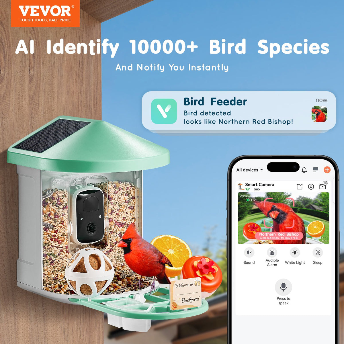 VEVOR Smart Bird Feeder with Camera, 2K HD AI Identify 10000+ Bird Species, Solar-Powered Bird Watching Camera with Auto Capture & Instant Notify, Wireless Outdoor Gift for Bird Lover (2 Solar Panels) - DSXTDWNQWDCMO30NNY3 - view 3