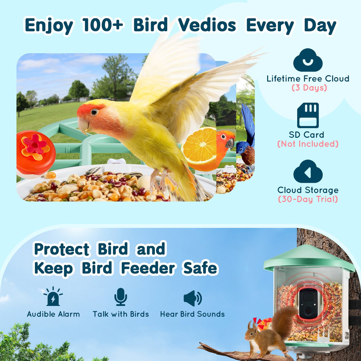 VEVOR Smart Bird Feeder with Camera, 2K HD AI Identify 10000+ Bird Species, Solar-Powered Bird Watching Camera with Auto Capture & Instant Notify, Wireless Outdoor Gift for Bird Lover (2 Solar Panels) - DSXTDWNQWDCMO30NNY3 - view 4