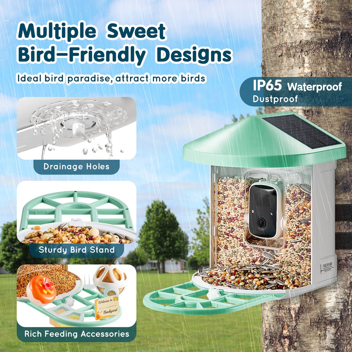 VEVOR Smart Bird Feeder with Camera, 2K HD AI Identify 10000+ Bird Species, Solar-Powered Bird Watching Camera with Auto Capture & Instant Notify, Wireless Outdoor Gift for Bird Lover (2 Solar Panels) - DSXTDWNQWDCMO30NNY3 - view 7