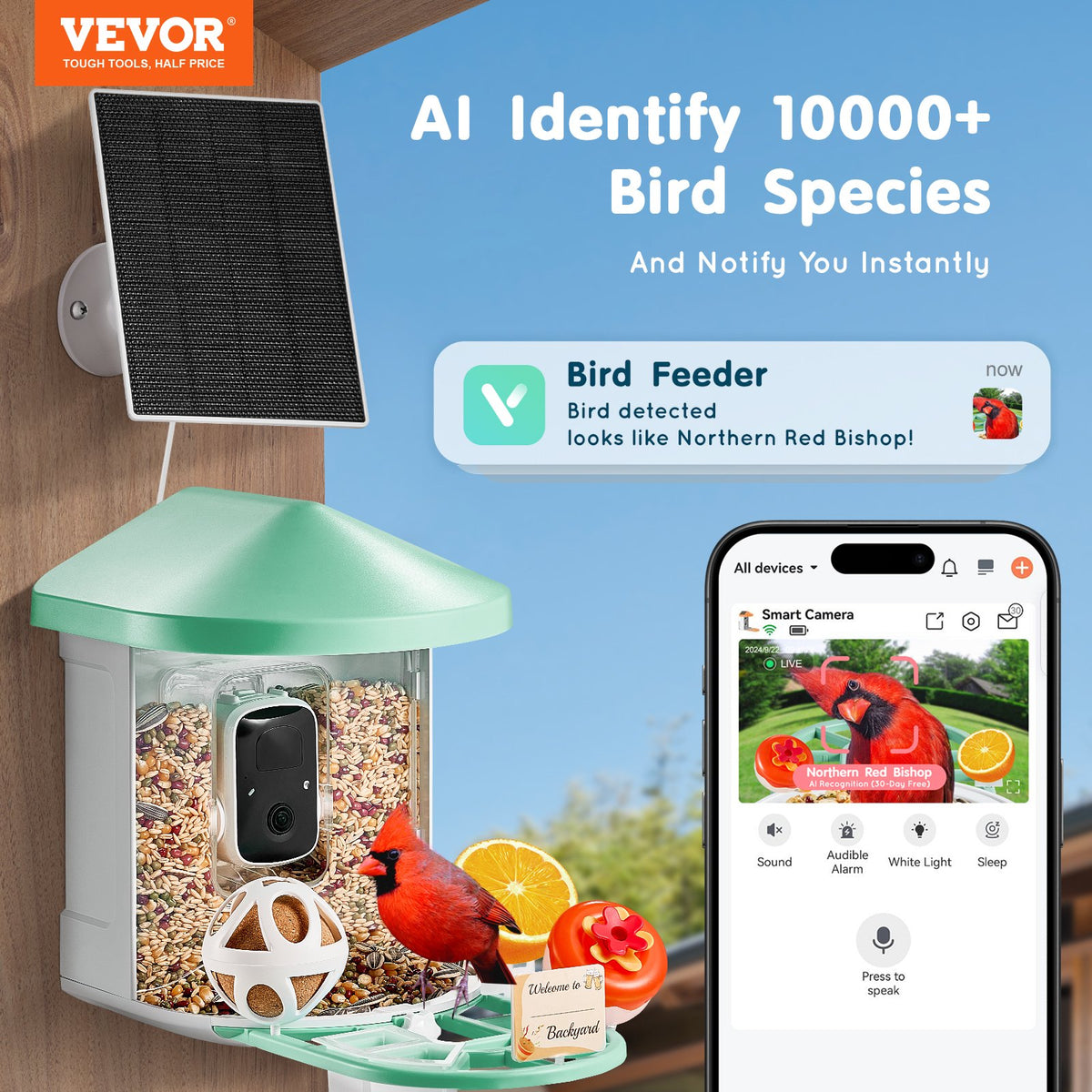 VEVOR Smart Bird Feeder with Camera, 2K HD AI Identify 10,000+ Bird Species, Solar-Powered Bird Watching Camera with Auto Capture & Instant Notify, Wireless Outdoor Ideal Gift for Bird Lovers (Green) - DSXTDWNQWZ1KP23M5Y3 - view 3