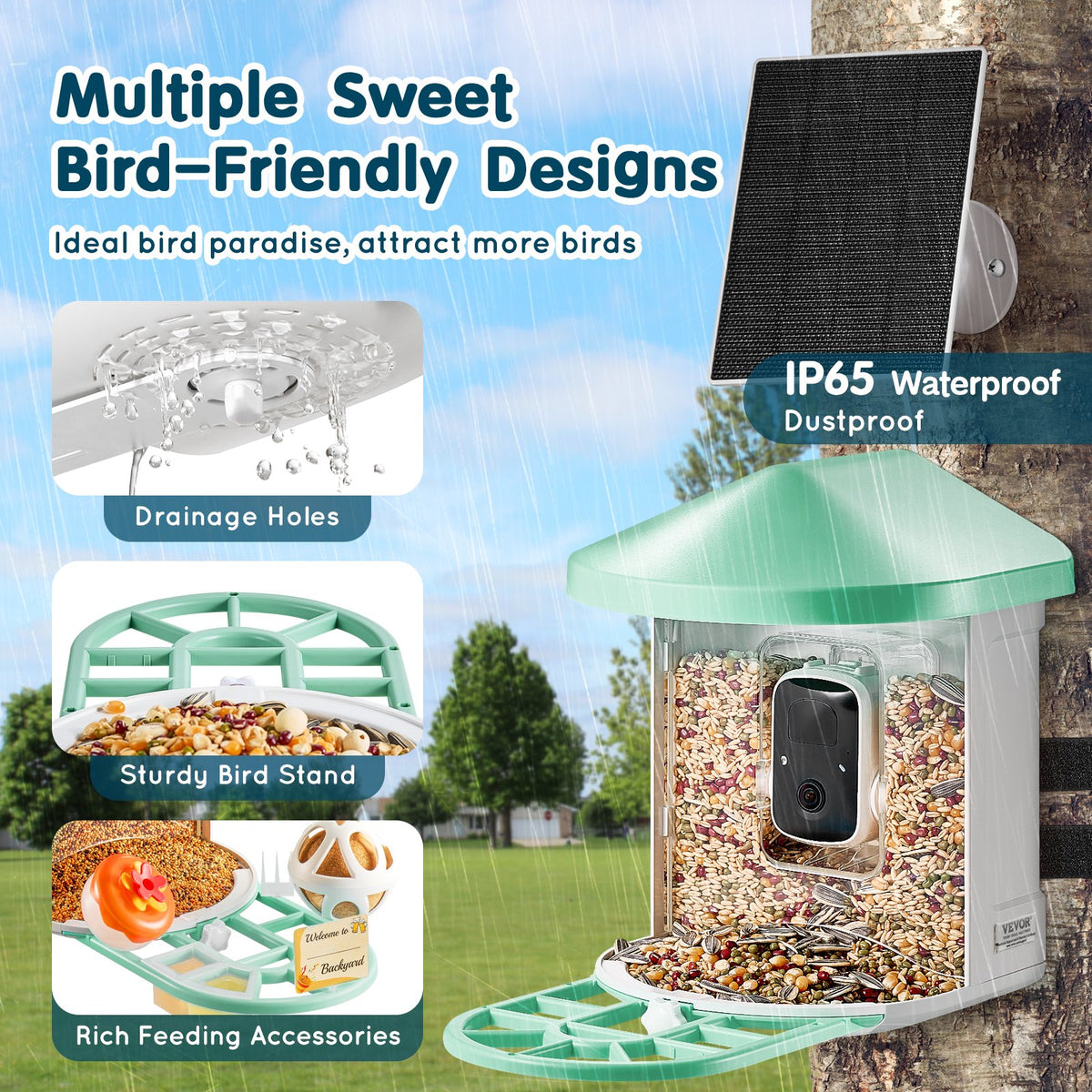 VEVOR Smart Bird Feeder with Camera, 2K HD AI Identify 10,000+ Bird Species, Solar-Powered Bird Watching Camera with Auto Capture & Instant Notify, Wireless Outdoor Ideal Gift for Bird Lovers (Green) - DSXTDWNQWZ1KP23M5Y3 - view 7