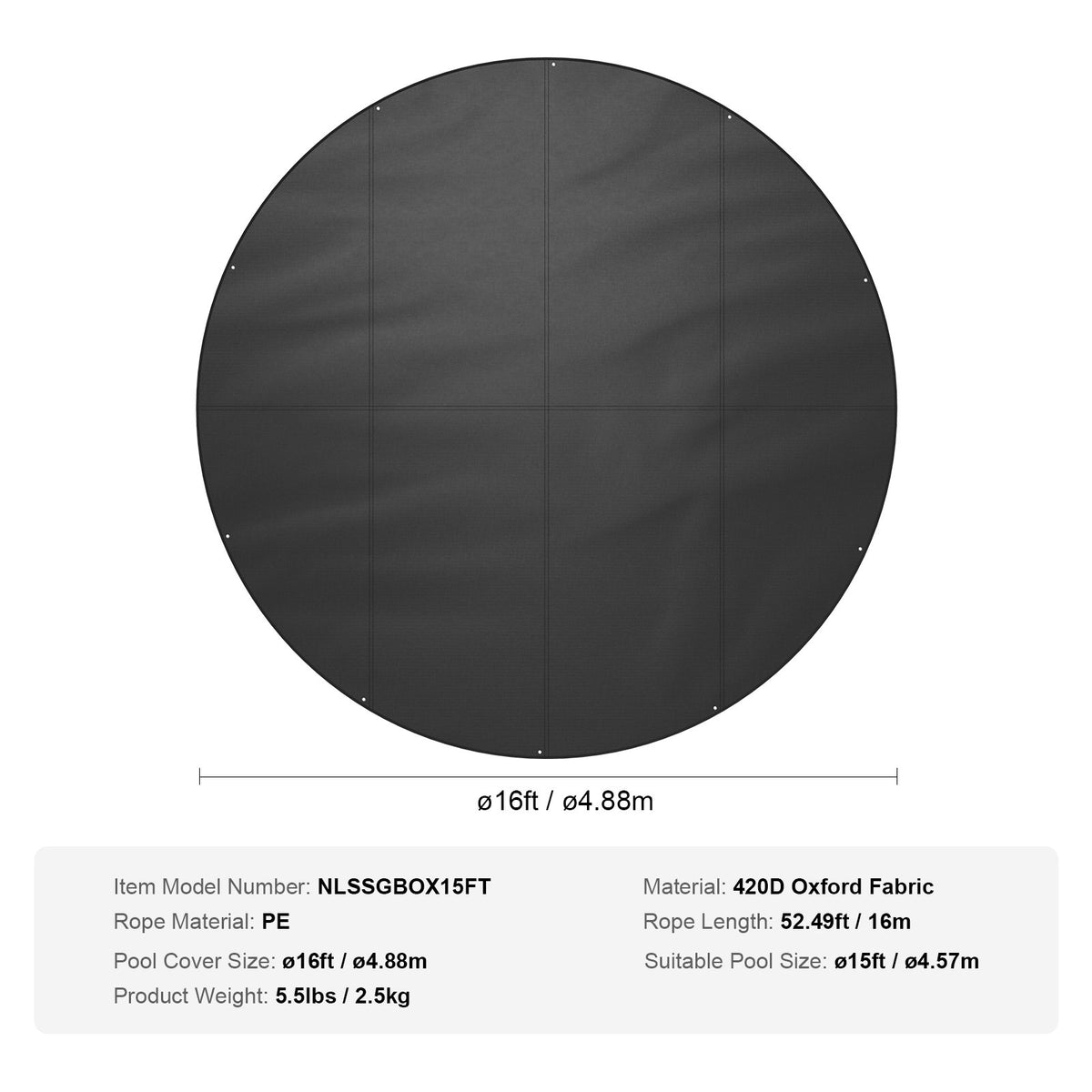 VEVOR 15 Ft Round Pool Cover, Solar Covers for Above Ground Pools, Safety Pool Cover with Drawstring Design, 420D Oxford Fabric Winter Pool Cover, Waterproof and Dustproof, Black - DSYCAQYCG15F61TWJV0 - view 8