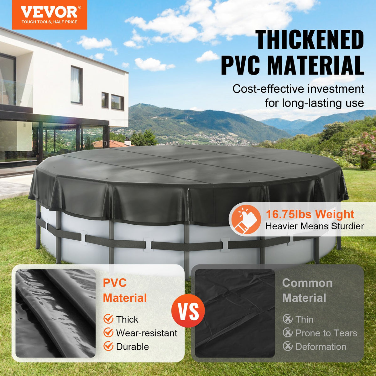 VEVOR 15 Ft Round Pool Cover, Solar Covers for Above Ground Pools, Safety Pool Cover with Drawstring Design, PVC Winter Pool Cover, Waterproof and Dustproof, Black - DSYCAQYCG15FRWMGVV0 - view 3