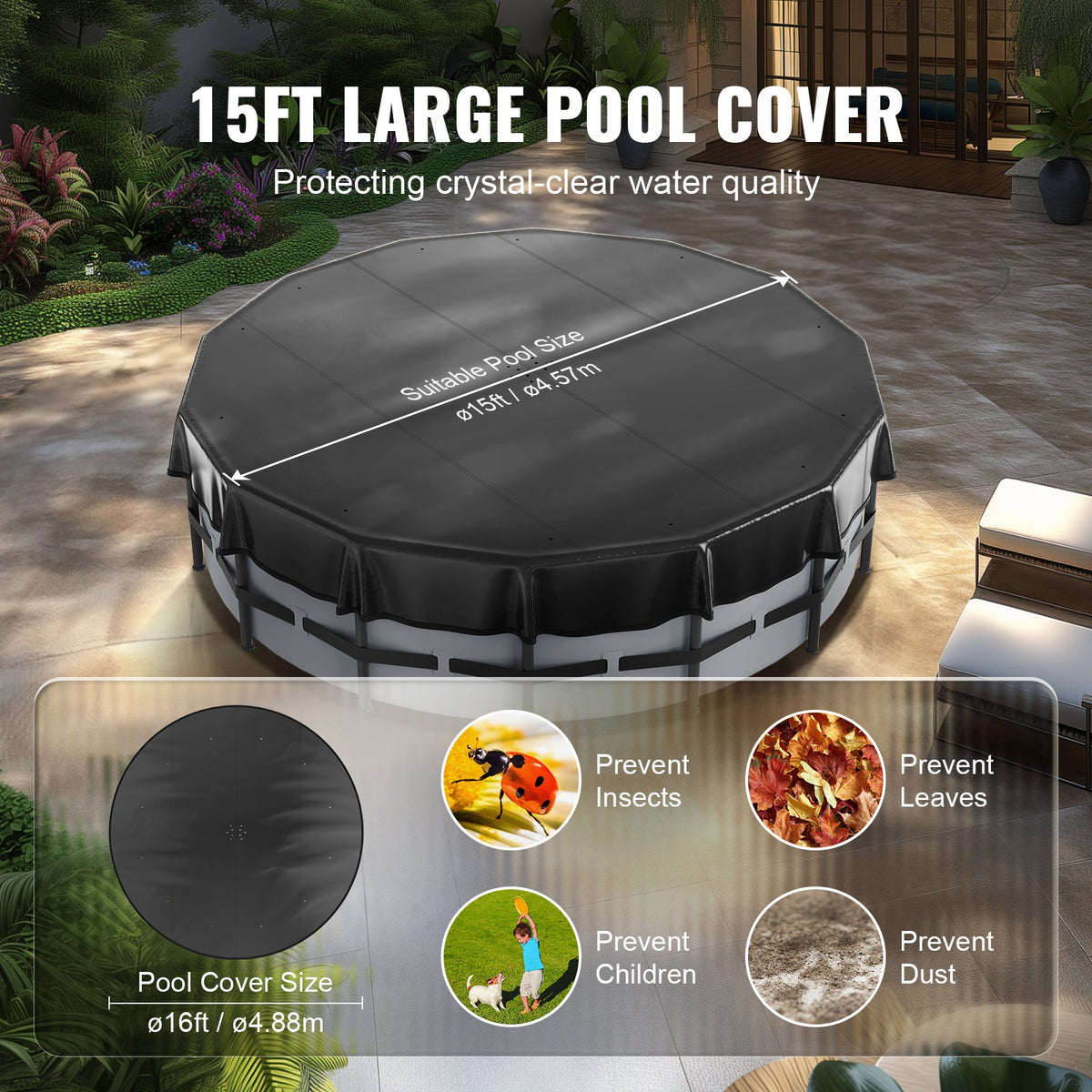 VEVOR 15 Ft Round Pool Cover, Solar Covers for Above Ground Pools, Safety Pool Cover with Drawstring Design, PVC Winter Pool Cover, Waterproof and Dustproof, Black - DSYCAQYCG15FRWMGVV0 - view 4