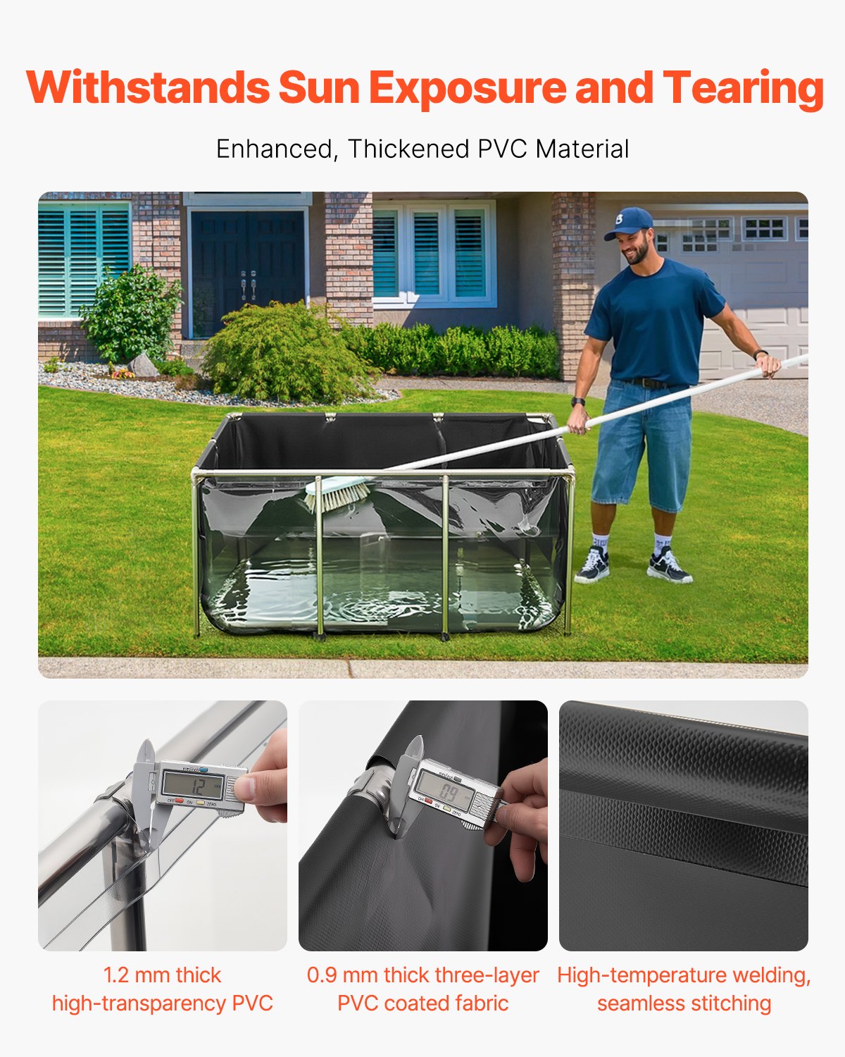 VEVOR Canvas Fish Pond, 270 Gal Above Ground Fish Pond, PVC Koi Tank with Clear Viewing Panel, Rectangular Goldfish Tank with Stainless Steel Frame & Drain Valve, for Breeding Koi, Irrigation(Black) - DSYCHSDTMC15JVPFH002V0 - view 4