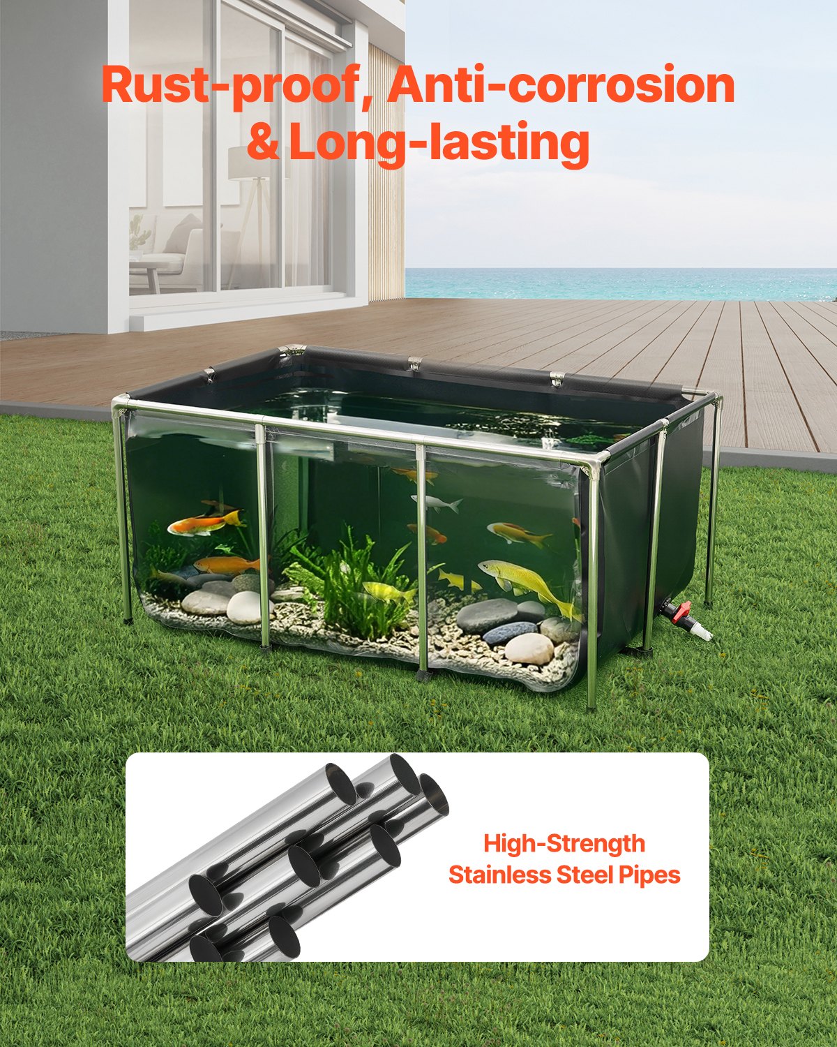 VEVOR Canvas Fish Pond, 270 Gal Above Ground Fish Pond, PVC Koi Tank with Clear Viewing Panel, Rectangular Goldfish Tank with Stainless Steel Frame & Drain Valve, for Breeding Koi, Irrigation(Black) - DSYCHSDTMC15JVPFH002V0 - view 5