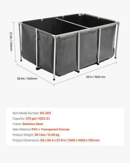 VEVOR Canvas Fish Pond, 270 Gal Above Ground Fish Pond, PVC Koi Tank with Clear Viewing Panel, Rectangular Goldfish Tank with Stainless Steel Frame & Drain Valve, for Breeding Koi, Irrigation(Black) - DSYCHSDTMC15JVPFH002V0 - view 8