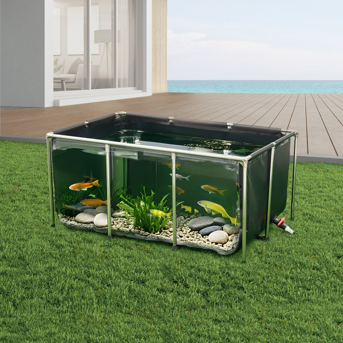VEVOR Canvas Fish Pond, 270 Gal Above Ground Fish Pond, PVC Koi Tank with Clear Viewing Panel, Rectangular Goldfish Tank with Stainless Steel Frame & Drain Valve, for Breeding Koi, Irrigation(Black) - DSYCHSDTMC15JVPFH002V0 - view 9