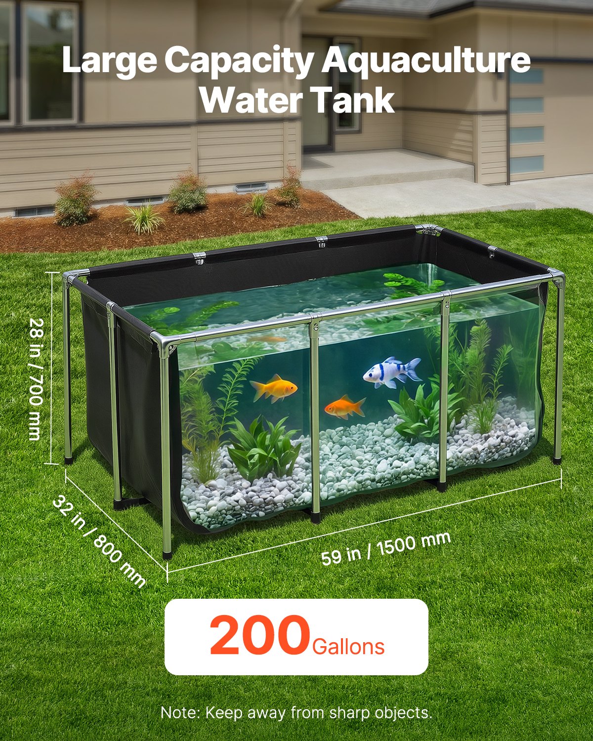 VEVOR Canvas Fish Pond 200 Gal Above Ground Fish Pond Black PVC Koi Tank, Rectangular Goldfish Tank with Clear Viewing Panel, Stainless Steel Frame and Drain Valve, for Breeding Koi and Irrigation - DSYCHSL59W326DGHX001V0 - view 3