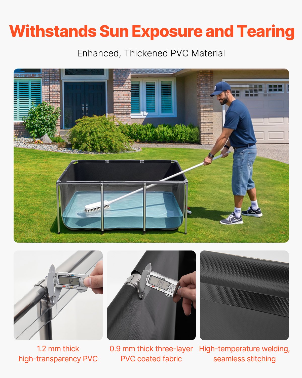 VEVOR Canvas Fish Pond 200 Gal Above Ground Fish Pond Black PVC Koi Tank, Rectangular Goldfish Tank with Clear Viewing Panel, Stainless Steel Frame and Drain Valve, for Breeding Koi and Irrigation - DSYCHSL59W326DGHX001V0 - view 4