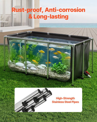 VEVOR Canvas Fish Pond 200 Gal Above Ground Fish Pond Black PVC Koi Tank, Rectangular Goldfish Tank with Clear Viewing Panel, Stainless Steel Frame and Drain Valve, for Breeding Koi and Irrigation - DSYCHSL59W326DGHX001V0 - view 5