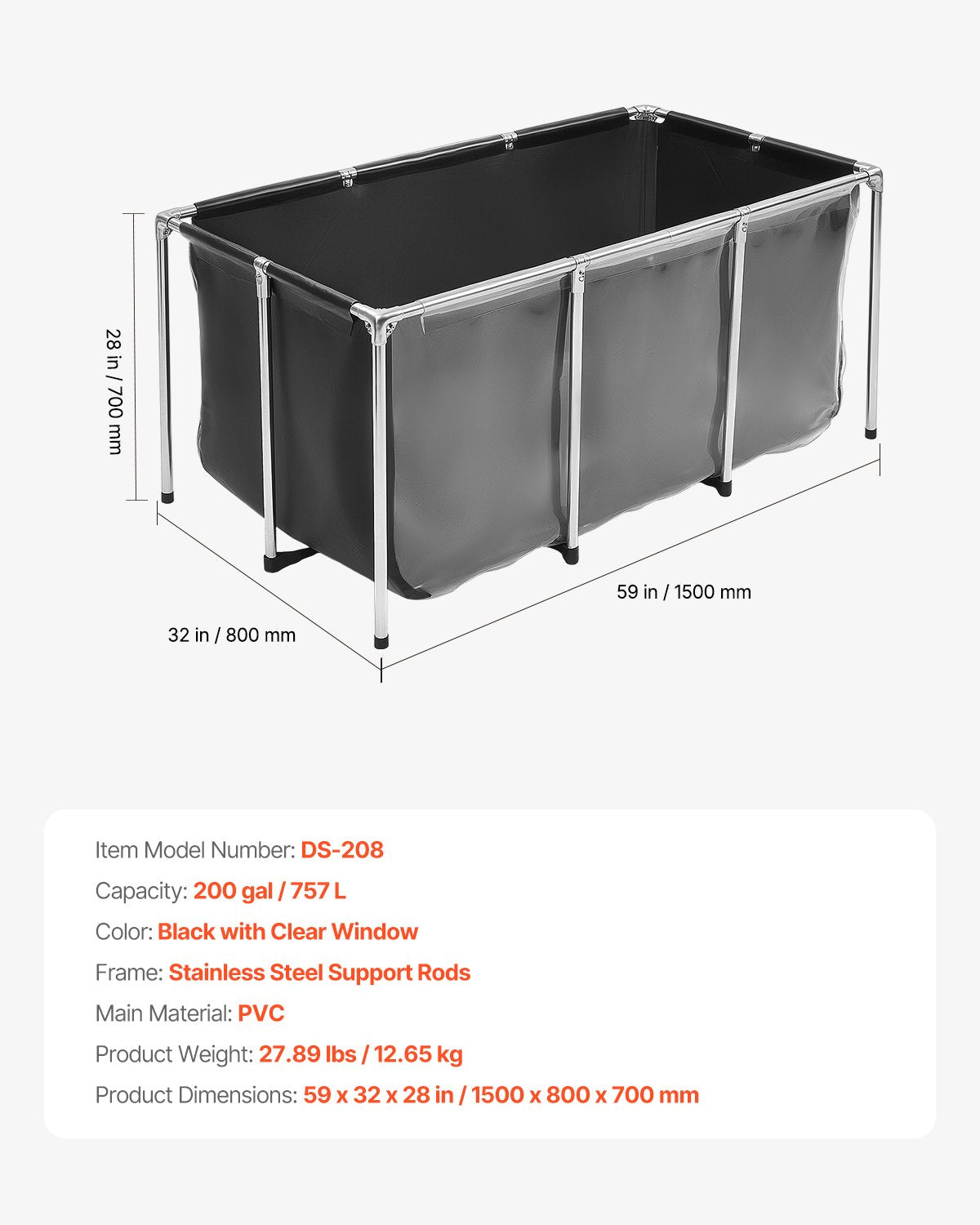 VEVOR Canvas Fish Pond 200 Gal Above Ground Fish Pond Black PVC Koi Tank, Rectangular Goldfish Tank with Clear Viewing Panel, Stainless Steel Frame and Drain Valve, for Breeding Koi and Irrigation - DSYCHSL59W326DGHX001V0 - view 8