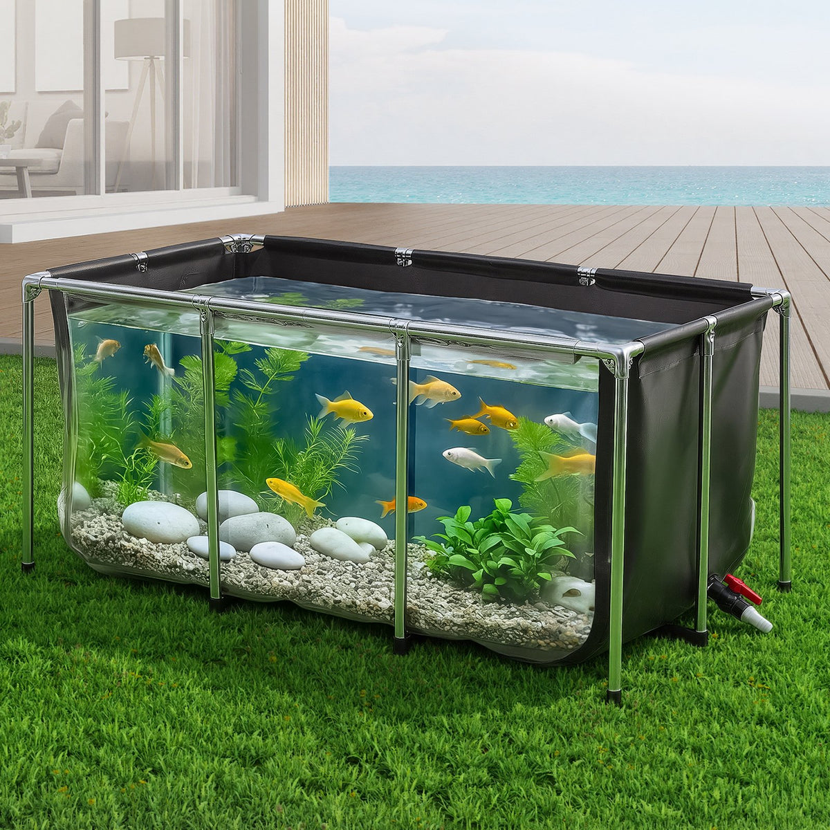 VEVOR Canvas Fish Pond 200 Gal Above Ground Fish Pond Black PVC Koi Tank, Rectangular Goldfish Tank with Clear Viewing Panel, Stainless Steel Frame and Drain Valve, for Breeding Koi and Irrigation - DSYCHSL59W326DGHX001V0 - view 9