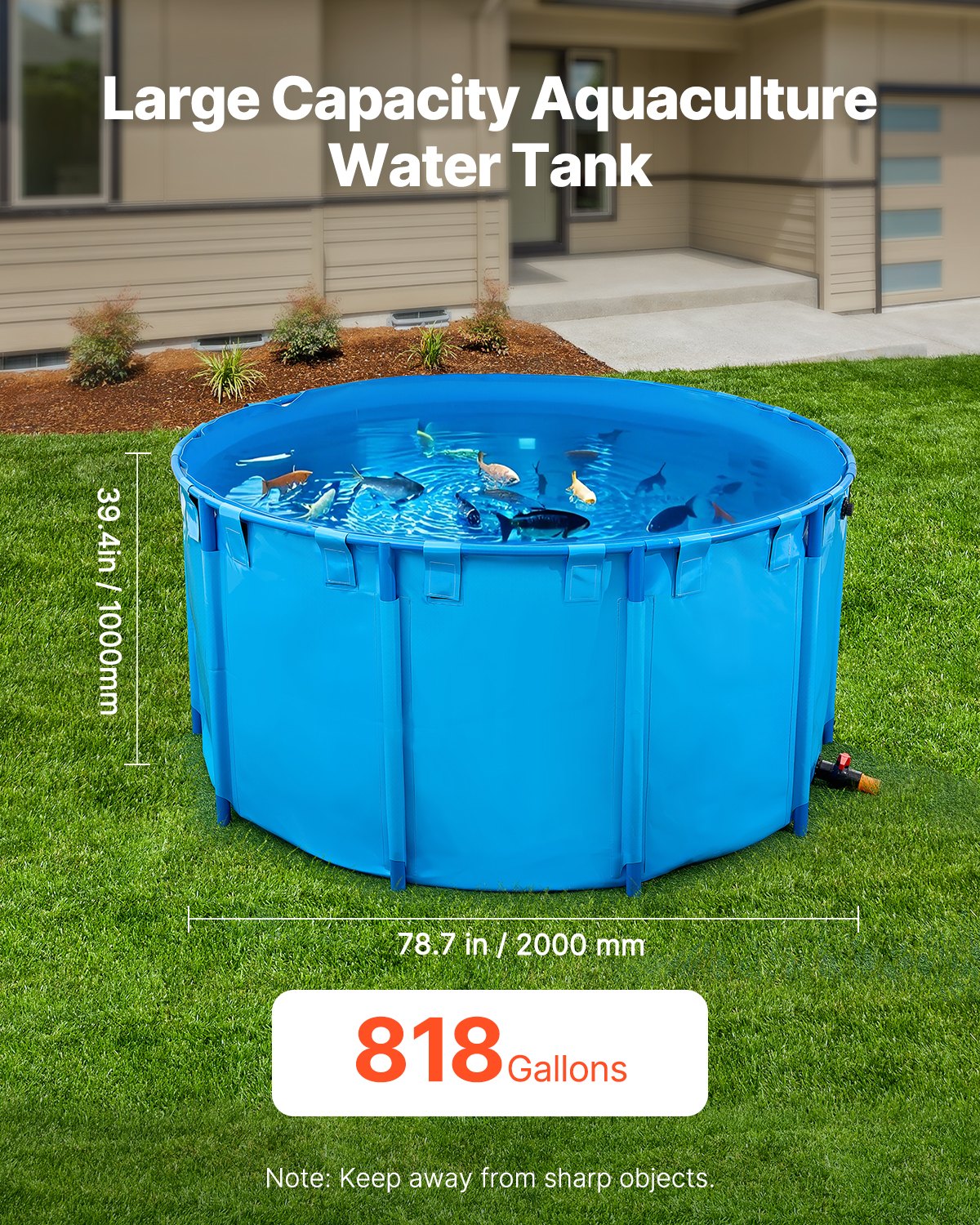 VEVOR Canvas Fish Pond, 818 Gal Capacity Above Ground Fish Pond, Foldable PVC Koi Tank, Round Goldfish Tank with Stable Frame and Drain Valve, for Aquaculture, Koi Breeding, and Irrigation (Blue) - DSYCLS2MZJ1MU7YAG001V0 - view 3