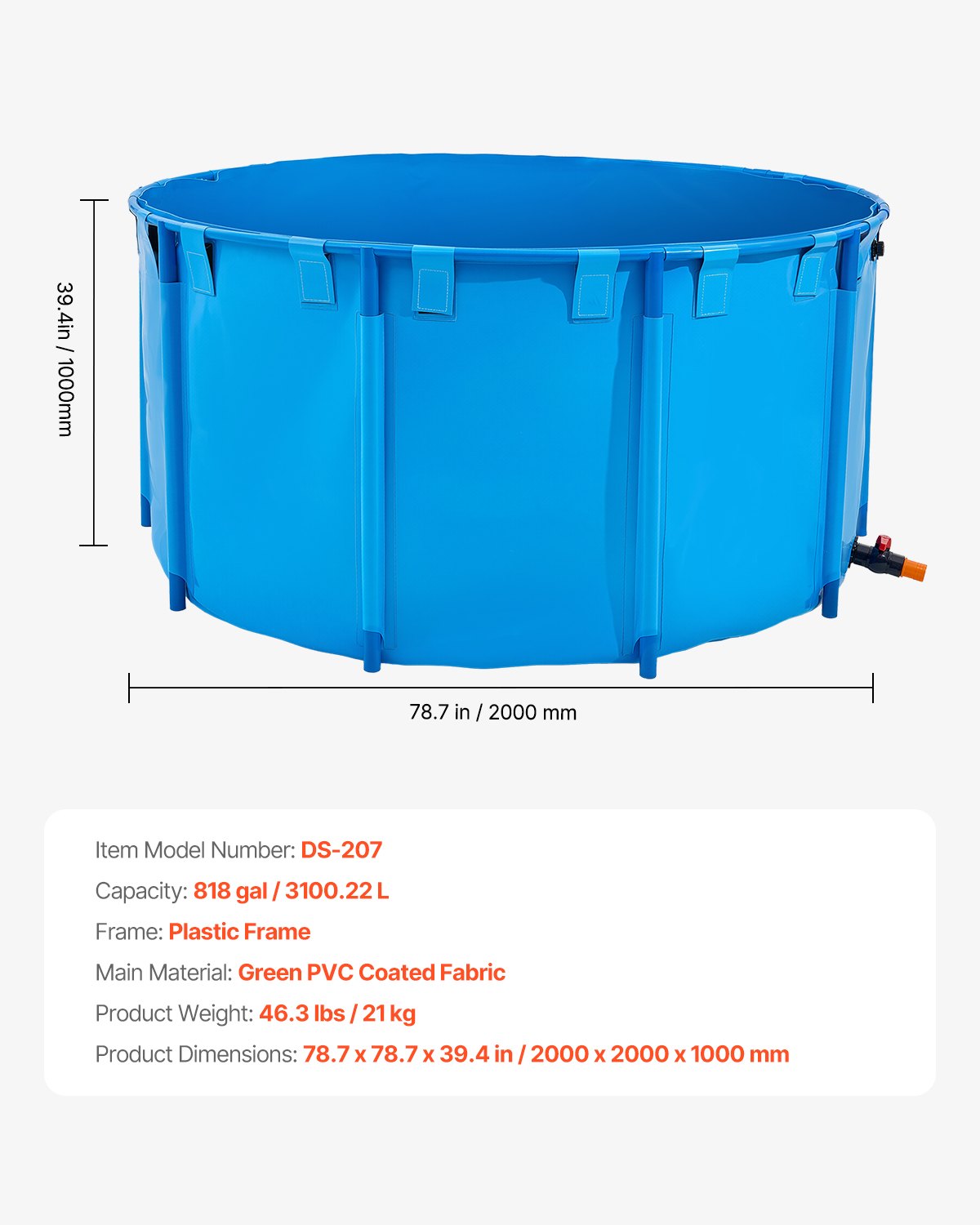 VEVOR Canvas Fish Pond, 818 Gal Capacity Above Ground Fish Pond, Foldable PVC Koi Tank, Round Goldfish Tank with Stable Frame and Drain Valve, for Aquaculture, Koi Breeding, and Irrigation (Blue) - DSYCLS2MZJ1MU7YAG001V0 - view 8