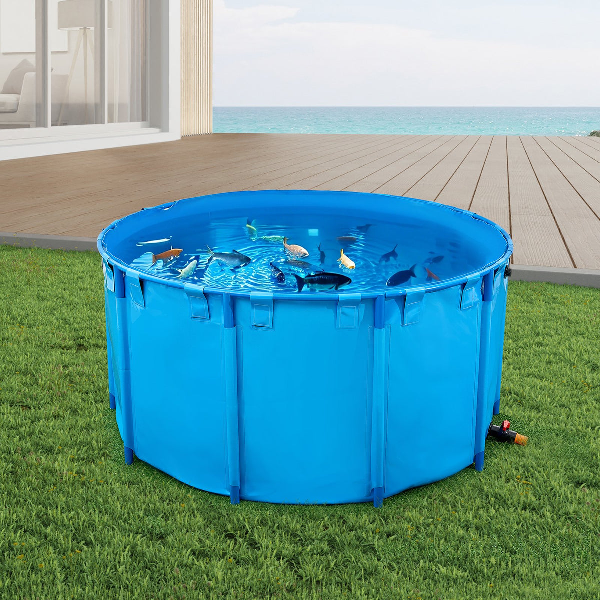 VEVOR Canvas Fish Pond, 818 Gal Capacity Above Ground Fish Pond, Foldable PVC Koi Tank, Round Goldfish Tank with Stable Frame and Drain Valve, for Aquaculture, Koi Breeding, and Irrigation (Blue) - DSYCLS2MZJ1MU7YAG001V0 - view 9