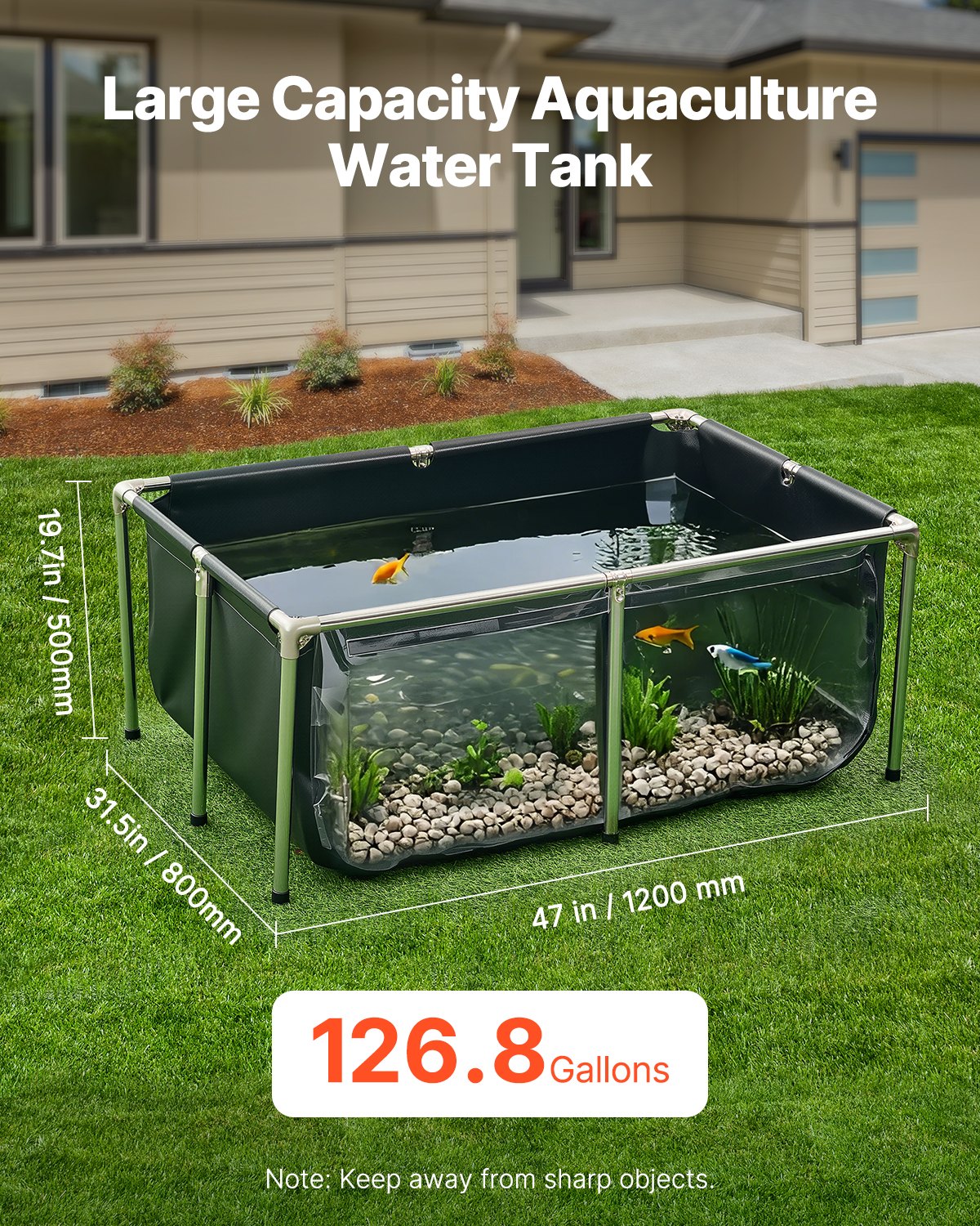 VEVOR Canvas Fish Pond, 126.8 Gal Above Ground Fish Pond, PVC Koi Tank with Clear Viewing Panel, Rectangular Goldfish Tank with Stainless Steel Frame & Drain Valve, for Breeding Koi, Irrigation(Black) - DSYCLSDTMC123XAF3002V0 - view 3