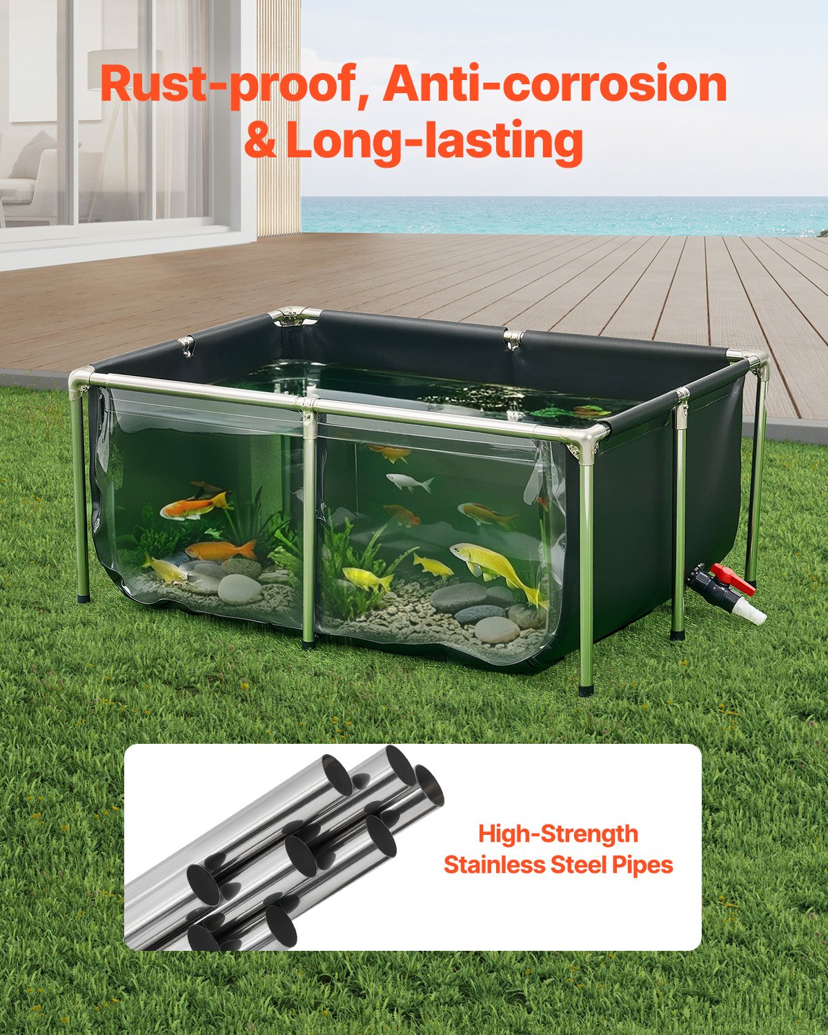 VEVOR Canvas Fish Pond, 126.8 Gal Above Ground Fish Pond, PVC Koi Tank with Clear Viewing Panel, Rectangular Goldfish Tank with Stainless Steel Frame & Drain Valve, for Breeding Koi, Irrigation(Black) - DSYCLSDTMC123XAF3002V0 - view 5
