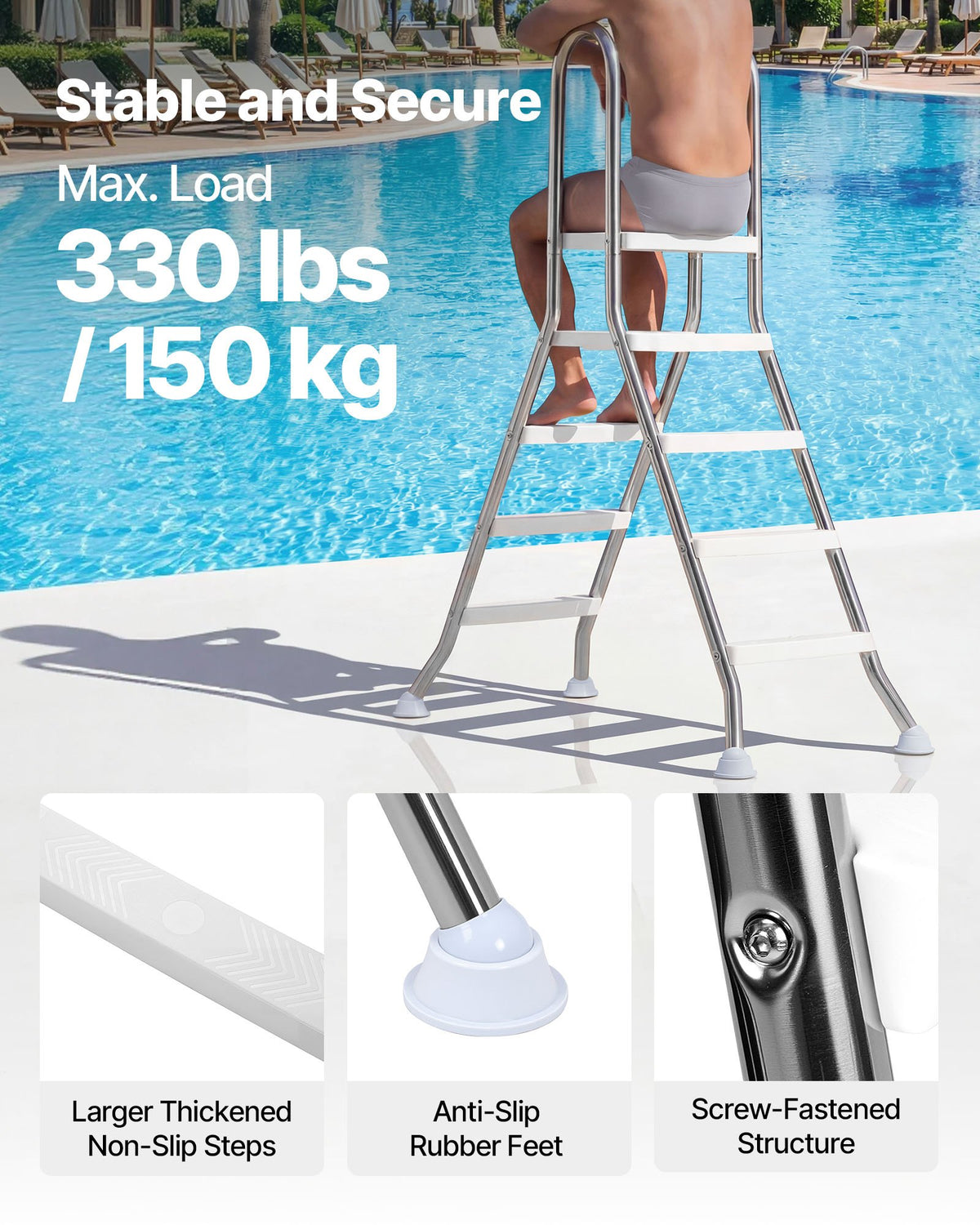 VEVOR Above Ground Pool Ladder, Stainless Steel A-Frame Swimming Pool Stairs for 49.2 in High Wall, 330 lbs Capacity Heavy Duty Entry/Exit Steps with Secure Non-Slip 4 Steps and Platform, Silver - DSYCTBXGKAXB572TB001V0 - view 4