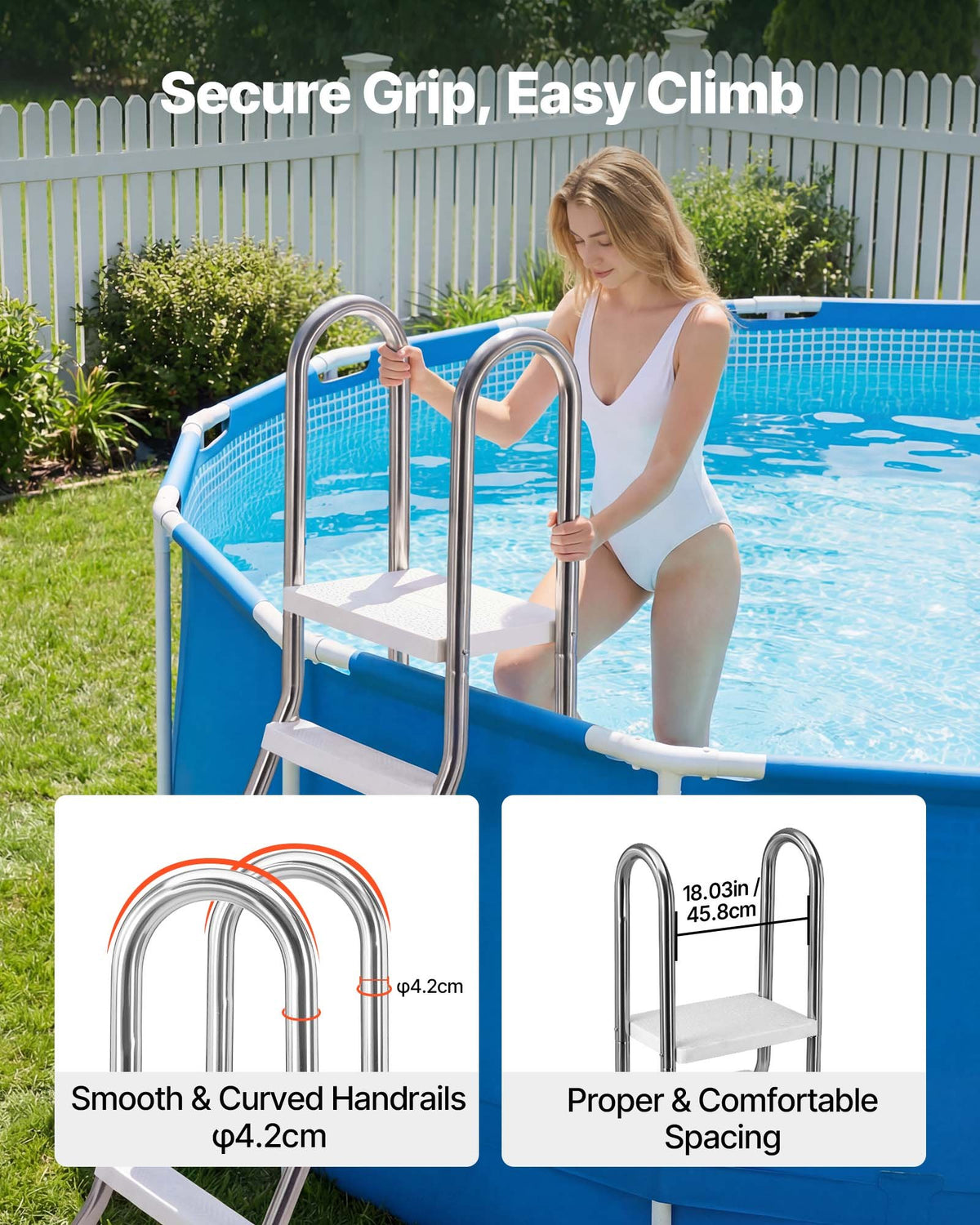 VEVOR Above Ground Pool Ladder, Stainless Steel A-Frame Swimming Pool Stairs for 49.2 in High Wall, 330 lbs Capacity Heavy Duty Entry/Exit Steps with Secure Non-Slip 4 Steps and Platform, Silver - DSYCTBXGKAXB572TB001V0 - view 6