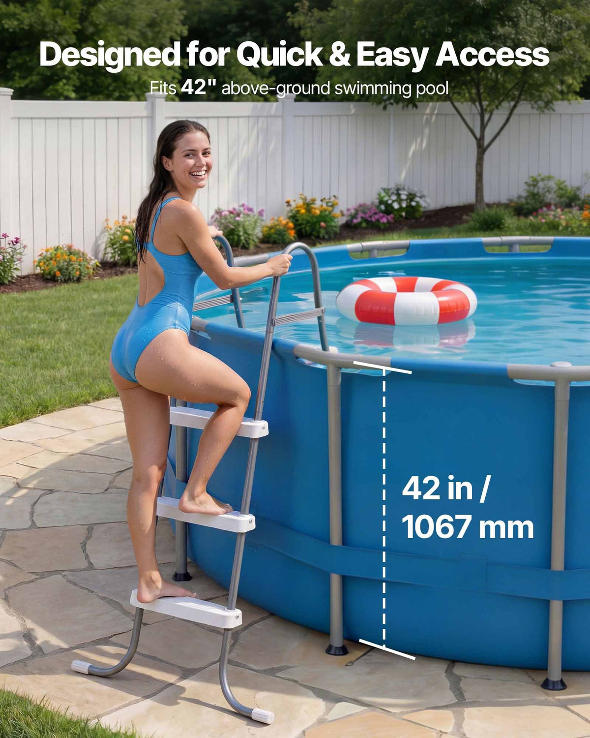 VEVOR Above Ground Pool Ladder, 3-Step Steel A-Frame Swimming Pool Stairs for 42 in High Wall, 300 lbs Capacity Entry/Exit Steps with Secure Non-Slip Sturdy Wide Step, Easy Setup, Gray & White - DSYCTTGK42IN9J90B001V0 - view 3