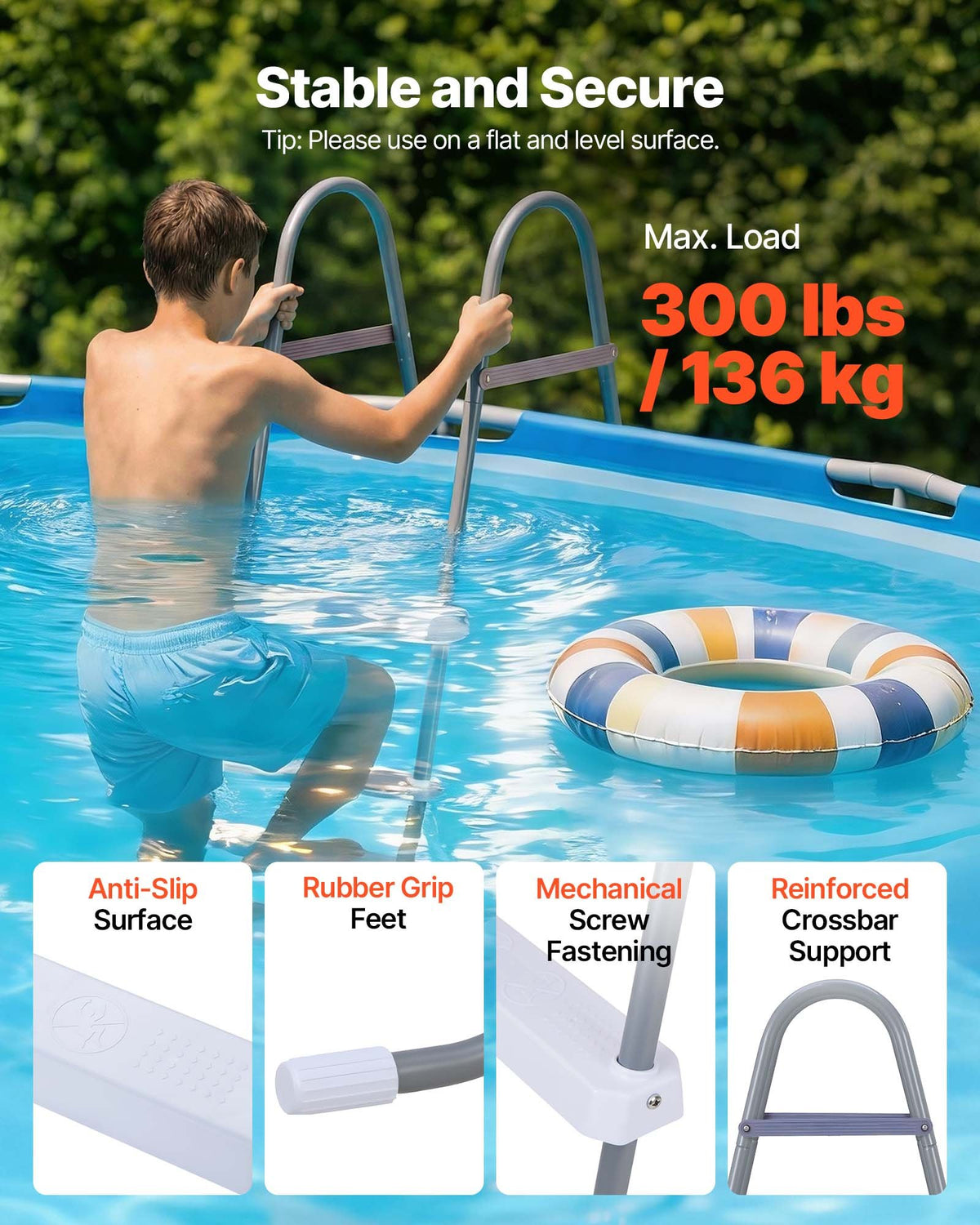 VEVOR Above Ground Pool Ladder, 3-Step Steel A-Frame Swimming Pool Stairs for 42 in High Wall, 300 lbs Capacity Entry/Exit Steps with Secure Non-Slip Sturdy Wide Step, Easy Setup, Gray & White - DSYCTTGK42IN9J90B001V0 - view 4