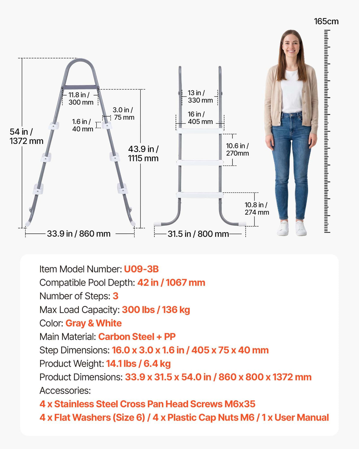 VEVOR Above Ground Pool Ladder, 3-Step Steel A-Frame Swimming Pool Stairs for 42 in High Wall, 300 lbs Capacity Entry/Exit Steps with Secure Non-Slip Sturdy Wide Step, Easy Setup, Gray & White - DSYCTTGK42IN9J90B001V0 - view 8