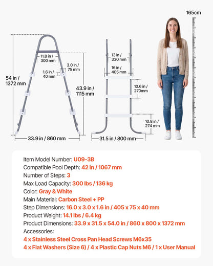 VEVOR Above Ground Pool Ladder, 3-Step Steel A-Frame Swimming Pool Stairs for 42 in High Wall, 300 lbs Capacity Entry/Exit Steps with Secure Non-Slip Sturdy Wide Step, Easy Setup, Gray & White - DSYCTTGK42IN9J90B001V0 - view 8