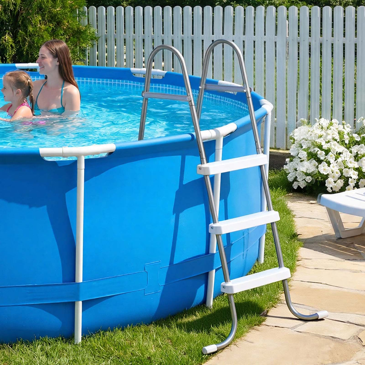 VEVOR Above Ground Pool Ladder, 3-Step Steel A-Frame Swimming Pool Stairs for 42 in High Wall, 300 lbs Capacity Entry/Exit Steps with Secure Non-Slip Sturdy Wide Step, Easy Setup, Gray & White - DSYCTTGK42IN9J90B001V0 - view 9