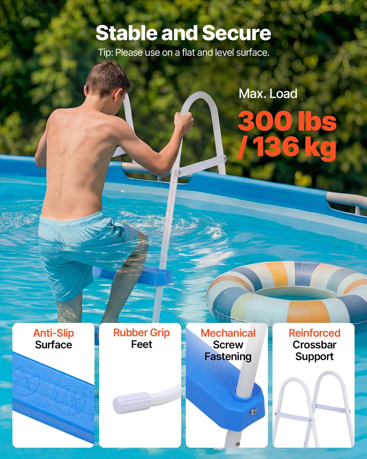 VEVOR Above Ground Pool Ladder, 3-Step Steel A-Frame Swimming Pool Stairs for 36 in High Wall, 300 lbs Capacity Entry/Exit Steps with Secure Non-Slip Sturdy Wide Step, Easy Setup, White & Blue - DSYCTTGKAXBSVQR02001V0 - view 4