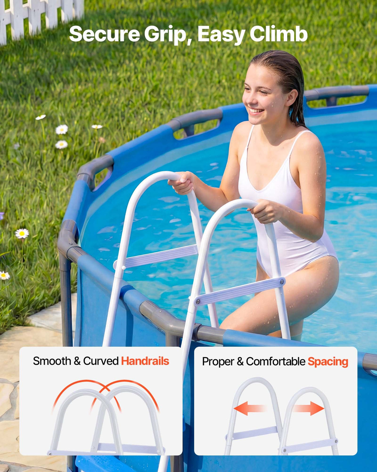 VEVOR Above Ground Pool Ladder, 3-Step Steel A-Frame Swimming Pool Stairs for 36 in High Wall, 300 lbs Capacity Entry/Exit Steps with Secure Non-Slip Sturdy Wide Step, Easy Setup, White & Blue - DSYCTTGKAXBSVQR02001V0 - view 6