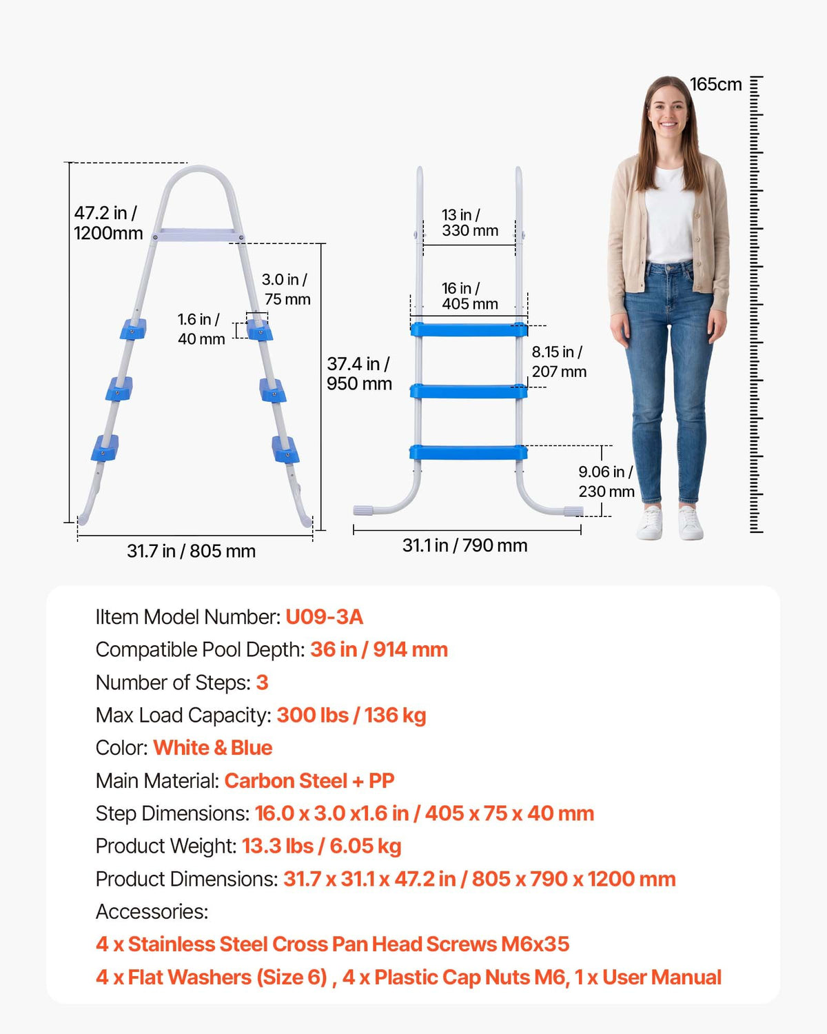 VEVOR Above Ground Pool Ladder, 3-Step Steel A-Frame Swimming Pool Stairs for 36 in High Wall, 300 lbs Capacity Entry/Exit Steps with Secure Non-Slip Sturdy Wide Step, Easy Setup, White & Blue - DSYCTTGKAXBSVQR02001V0 - view 8