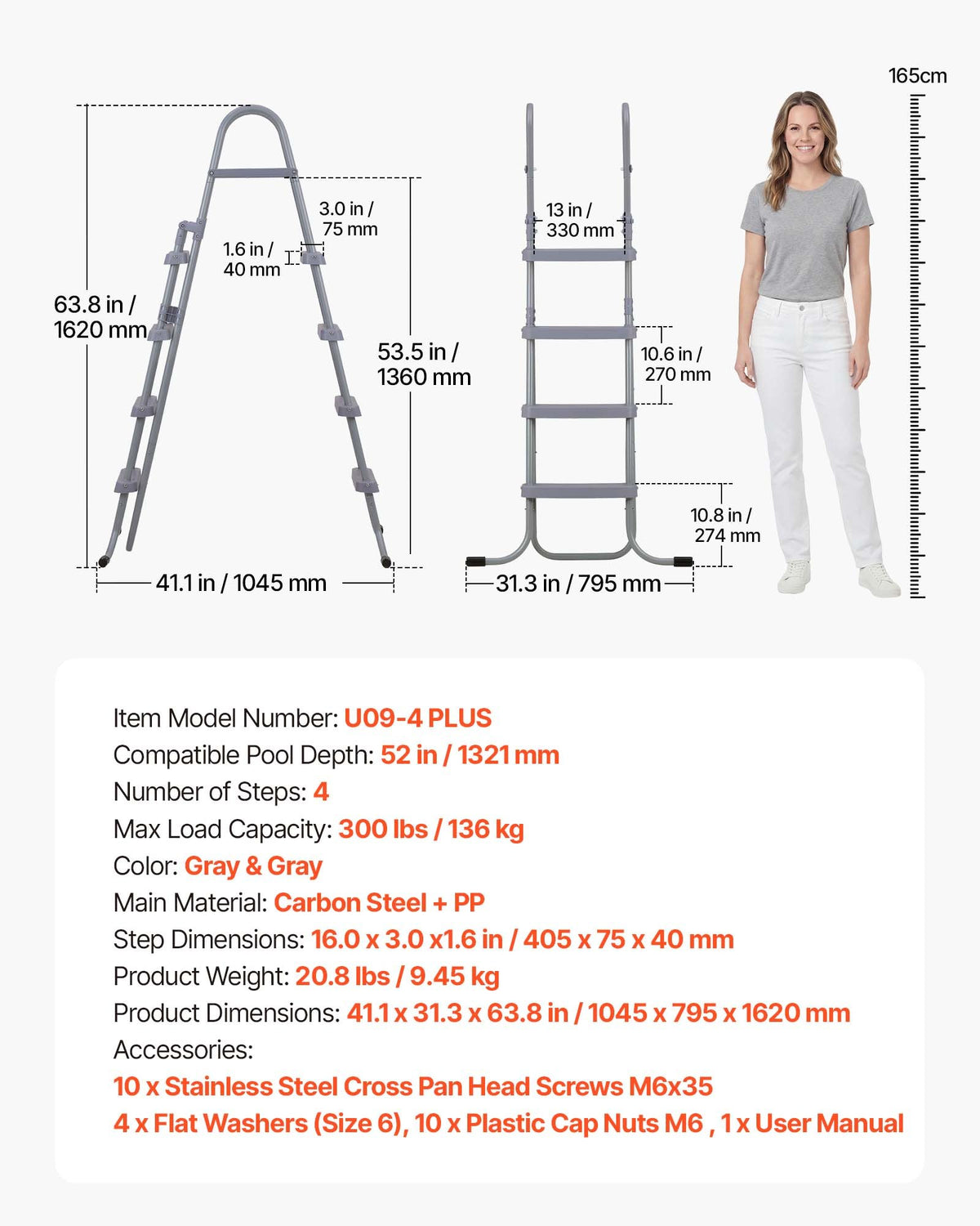 VEVOR Above Ground Pool Ladder, 4-Step Steel A-Frame Swimming Pool Stairs for 52 in High Wall, 300 lbs Capacity Entry/Exit Steps with Secure Non-Slip Sturdy Wide Step, Easy Setup Outdoor, Gray - DSYCTTGKAXHSF1RO7001V0 - view 8
