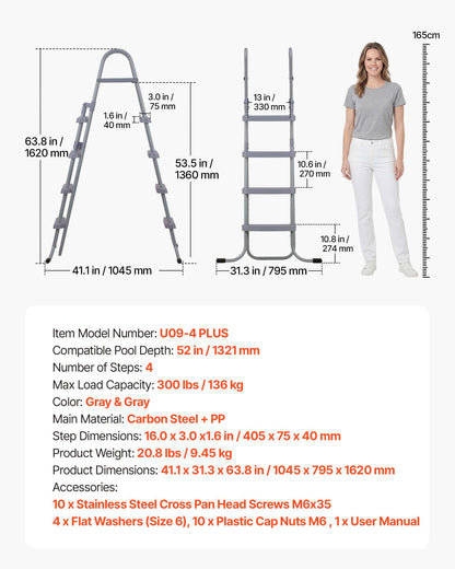 VEVOR Above Ground Pool Ladder, 4-Step Steel A-Frame Swimming Pool Stairs for 52 in High Wall, 300 lbs Capacity Entry/Exit Steps with Secure Non-Slip Sturdy Wide Step, Easy Setup Outdoor, Gray - DSYCTTGKAXHSF1RO7001V0 - view 8