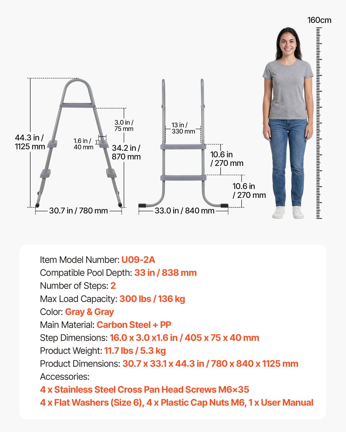 VEVOR Above Ground Pool Ladder, 2-Step Steel A-Frame Swimming Pool Stairs for 33 in High Wall, 300 lbs Capacity Entry/Exit Steps with Secure Non-Slip Sturdy Wide Step, Easy Setup Outdoor, Gray - DSYCTTGKAXHSFCQJR001V0 - view 8