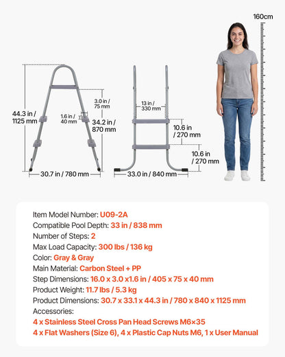 VEVOR Above Ground Pool Ladder, 2-Step Steel A-Frame Swimming Pool Stairs for 33 in High Wall, 300 lbs Capacity Entry/Exit Steps with Secure Non-Slip Sturdy Wide Step, Easy Setup Outdoor, Gray - DSYCTTGKAXHSFCQJR001V0 - view 8