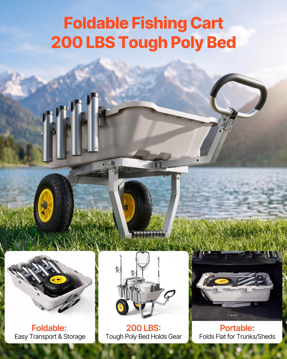 VEVOR Beach Fishing Cart, 200 lbs Load Capacity, Fishing Cart with Poly Bed, Heavy-Duty Aluminum Alloy Frame, 13-Inch All-Terrain Tires, 8 Rod Holders, Strap, Easy to Clean, for Outdoor Camping Picnic - DSYJC2L000006B04P001V0 - view 3