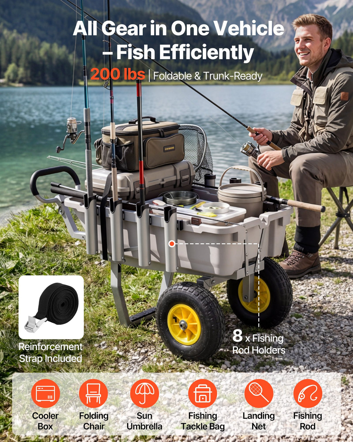 VEVOR Beach Fishing Cart, 200 lbs Load Capacity, Fishing Cart with Poly Bed, Heavy-Duty Aluminum Alloy Frame, 13-Inch All-Terrain Tires, 8 Rod Holders, Strap, Easy to Clean, for Outdoor Camping Picnic - DSYJC2L000006B04P001V0 - view 5