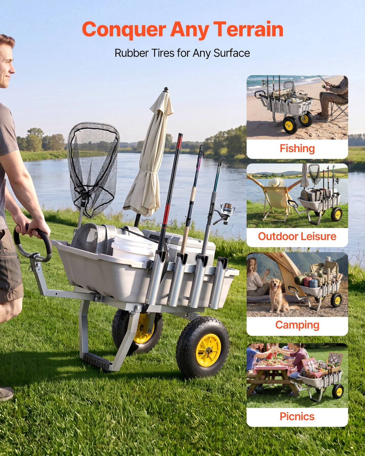 VEVOR Beach Fishing Cart, 200 lbs Load Capacity, Fishing Cart with Poly Bed, Heavy-Duty Aluminum Alloy Frame, 13-Inch All-Terrain Tires, 8 Rod Holders, Strap, Easy to Clean, for Outdoor Camping Picnic - DSYJC2L000006B04P001V0 - view 7