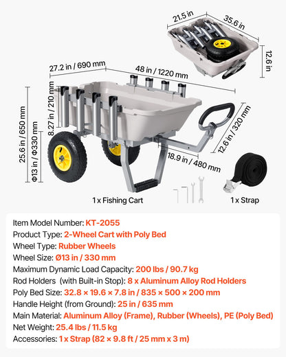 VEVOR Beach Fishing Cart, 200 lbs Load Capacity, Fishing Cart with Poly Bed, Heavy-Duty Aluminum Alloy Frame, 13-Inch All-Terrain Tires, 8 Rod Holders, Strap, Easy to Clean, for Outdoor Camping Picnic - DSYJC2L000006B04P001V0 - view 8