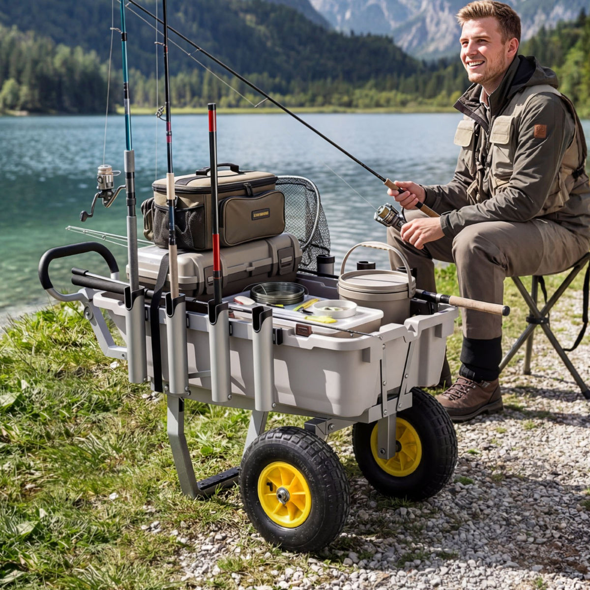 VEVOR Beach Fishing Cart, 200 lbs Load Capacity, Fishing Cart with Poly Bed, Heavy-Duty Aluminum Alloy Frame, 13-Inch All-Terrain Tires, 8 Rod Holders, Strap, Easy to Clean, for Outdoor Camping Picnic - DSYJC2L000006B04P001V0 - view 9