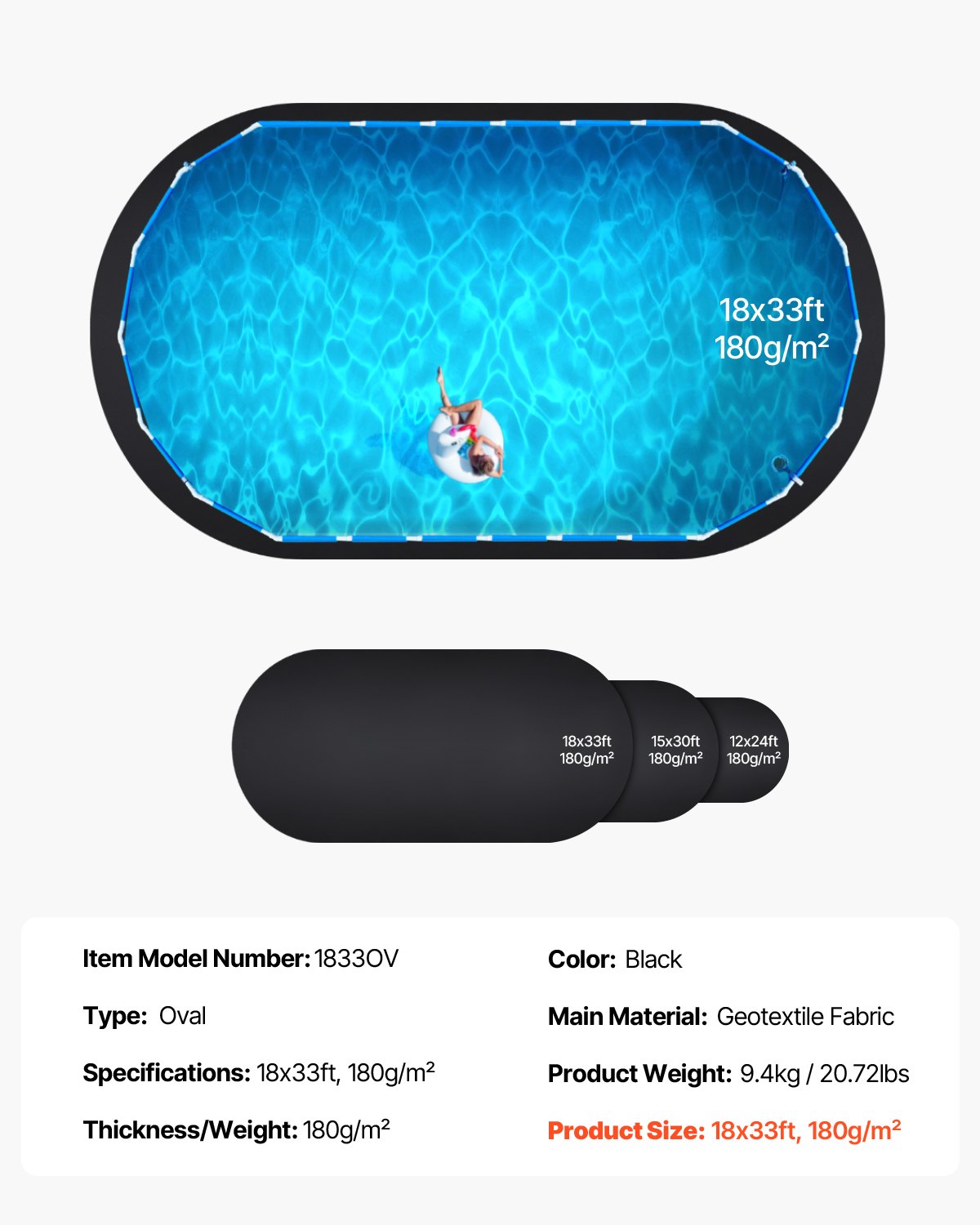 VEVOR Oval Pool Liner Pad, 18 x 33 ft Pool Liner Pad for Above Ground Swimming Pools, Extra-Thick Pool Mat, Prevents Punctures, Recycled Geotextile Material Underlayment Pad, Extend Liner Life - DSYYCDDOVAL1YFH9K001V0 - view 8