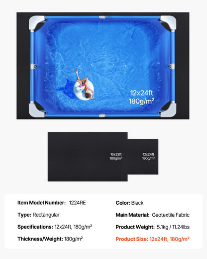 VEVOR Rectangle Pool Liner Pad, 12 x24 ft Pool Liner Pad for Above Ground Swimming Pools, Extra-Thick Pool Mat, Prevents Punctures, Recycled Geotextile Material Underlayment Pad, Extend Liner Life - DSYYCDDRECTA10MMP001V0 - view 8