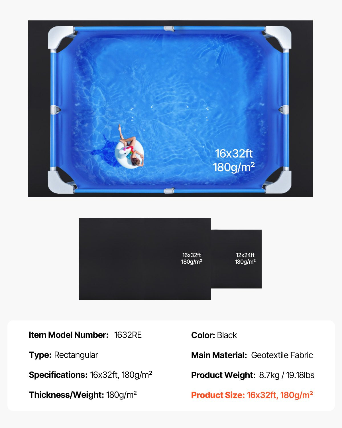 VEVOR Rectangle Pool Liner Pad, 16 x 32 ft Pool Liner Pad for Above Ground Swimming Pools, Extra-Thick Pool Mat, Prevents Punctures, Recycled Geotextile Material Underlayment Pad, Extend Liner Life - DSYYCDDRECTAWHGHE001V0 - view 8