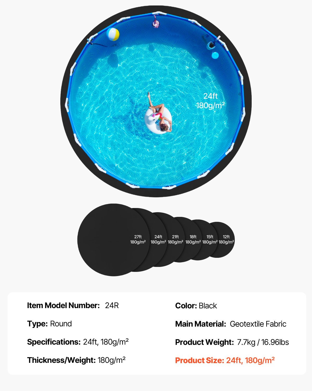 VEVOR 24ft Round Pool Liner Pad, Pool Liner Pad for Above Ground Swimming Pools, Extra-Thick Pool Mat, Prevents Punctures, Recycled Geotextile Material Underlayment Pad, Extend Liner Life - DSYYCDDROUND6G2PK001V0 - view 8