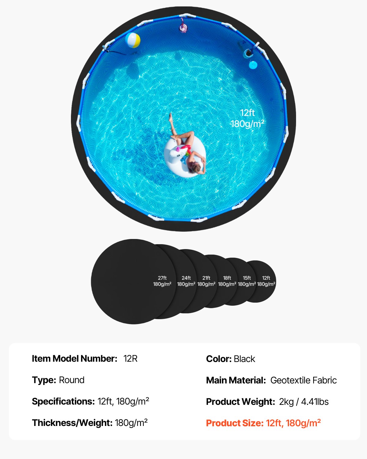 VEVOR 12ft Round Pool Liner Pad, Pool Liner Pad for Above Ground Swimming Pools, Extra-Thick Pool Mat, Prevents Punctures, Recycled Geotextile Material Underlayment Pad, Extend Liner Life - DSYYCDDROUNDY0ONC001V0 - view 8