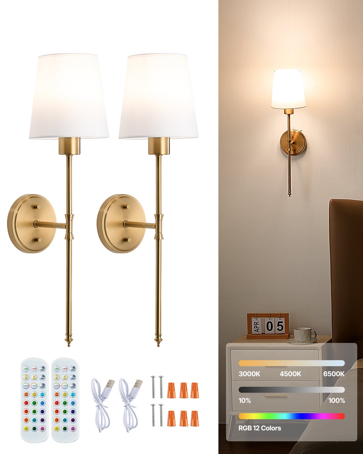 VEVOR Battery Operated Wall Sconce Set of 2, 4000mAh Rechargeable Wireless Wall Lights with Remote Control, 30 Lighting Modes, 12 RGB Colors & Timer, Dimmable Wall Lamp for Living Room Bedroom Hallway - DTBDCDS2J000PDIBKV9 - view 1