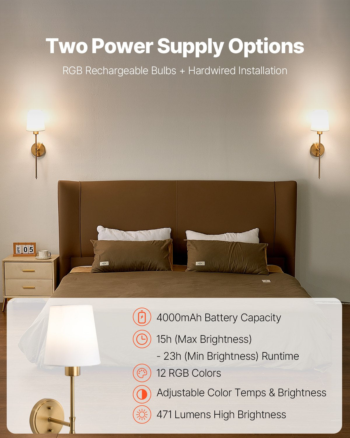 VEVOR Battery Operated Wall Sconce Set of 2, 4000mAh Rechargeable Wireless Wall Lights with Remote Control, 30 Lighting Modes, 12 RGB Colors & Timer, Dimmable Wall Lamp for Living Room Bedroom Hallway - DTBDCDS2J000PDIBKV9 - view 3